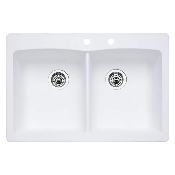 Blanco Diamond Dual-Mount Granite 33 in. 2-Hole 50/50 Double Bowl Kitchen Sink in White