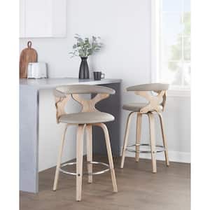 Gardenia 25.5 in. Light Grey Faux Leather and White Washed Wood Counter Stool with Round Chrome Footrest (Set of 2)