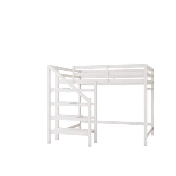 wetiny Full Size Loft Bed with Built-in Storage Staircase and Hanger for Clothes, White