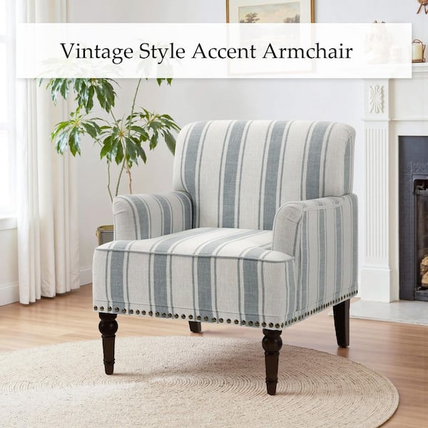 Uixe Modern Blue Striped Linen Fabric Upholstered Accent
