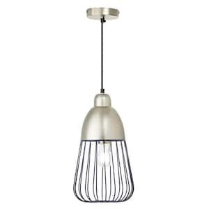 Iris 40-Watt 1-Light Blue and Silver Cage Pendant Light with Metal Empire Shade