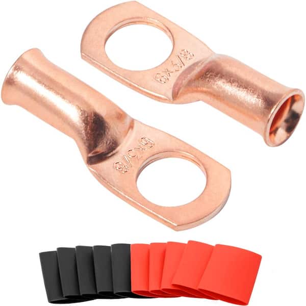 6 AWG Copper Ring Terminal Lugs 10-Pack 3/8 in. Stud 600V Bare Copper Wire Connectors with Heat Shrink Tubing