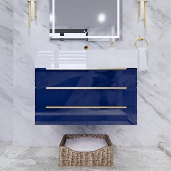 Bethany 30 in. W x 20 in. D x 22 in. H Single Sink Floating Bath Vanity in Gloss Night Blue with White Acrylic Top