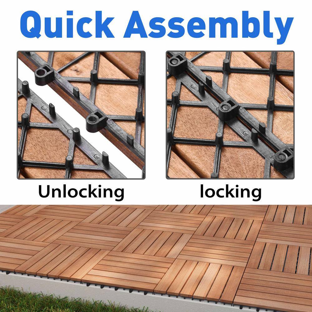 Natural Acacia Wood Interlocking Deck Tiles with Water Protection, 27 Pack