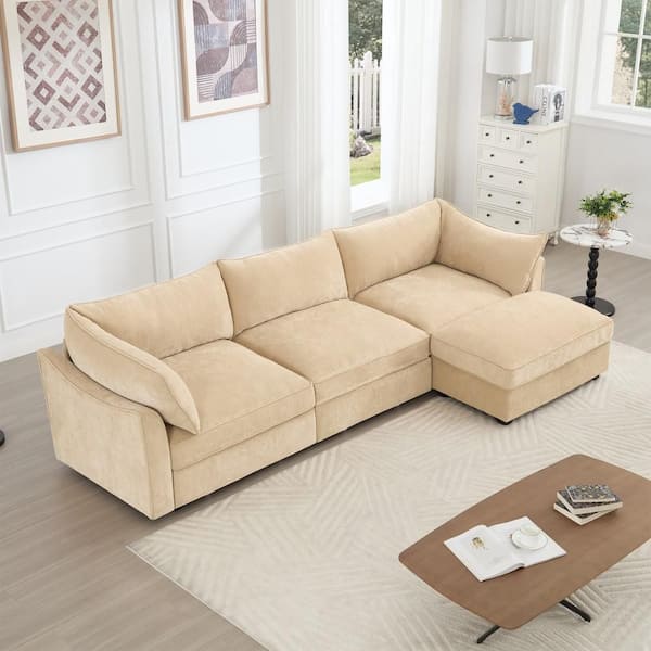 112.6 in Wide Straight Arm Chenille L-shaped Reclining Sofa with Pull-Out Storage Drawers and Footstool in Wheat