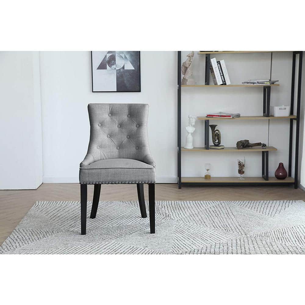 Elegant Sloped Armrest Tufted Light Gray Upholstered Dining Chair Set