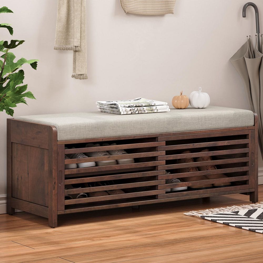 Espresso Shutter Storage Bench, 43 in. Entryway Shoe Cabinet with Cushion