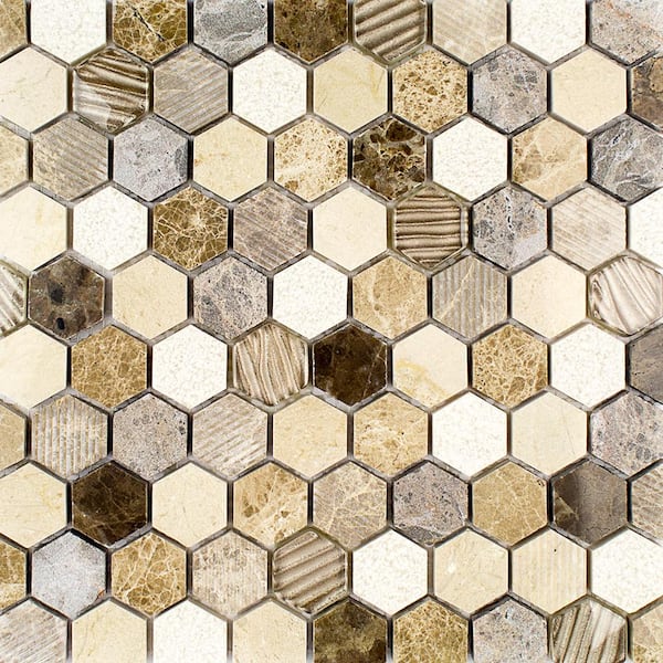 Splashback Tile Drumlin Win Drift Hexagon 11.25 in. x 10.87 in. Honed Marble and Glass Mosaic Tile