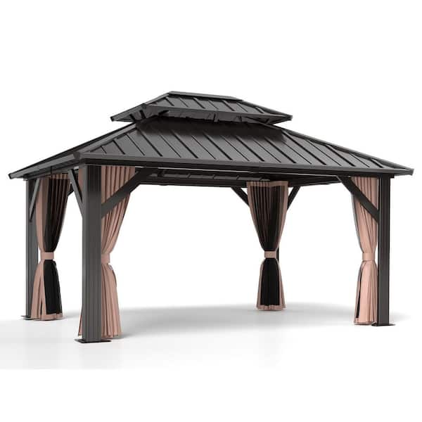 12 ft. x 16 ft. Outdoor Galvanized Hardtop Gazebo Aluminum Double Roof with Mosquito Netting and Privacy Curtains