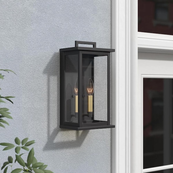 Montpelier 2-Light Black 14.02 in. H Dusk to Dawn Hardwired Outdoor Wall Lantern Sconce