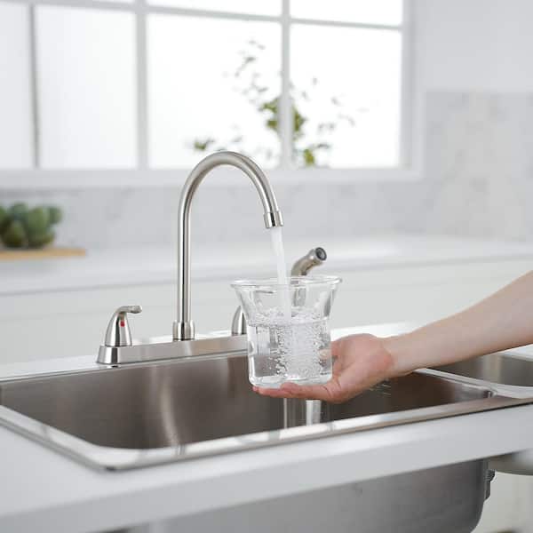 Double Handle Deck Mount High Arc with Side Sprayer Standard Kitchen Faucet in Brushed Nickel