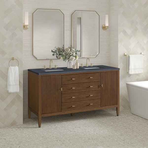 James Martin Vanities Myrrin 60.0 in. W x 23.5 in. D x 34.06 in. H Double Bath Vanity in Mid-Century Walnut with Charcoal Soapstone Quartz Top