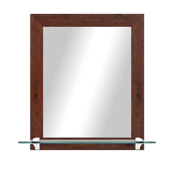 Unbranded 21.5 in. W x 25.5 in. H Rectangle Dark Walnut Vertical Framed Mirror With Tempered Glass Shelf/White Bracket