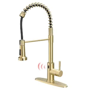 Motion Sensor Smart Hands-Free Activated Single Hole Spring Faucet for Kitchen Sink in Brushed Gold