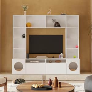 White Wood Entertainment Center TV Stand Fits TV's up to 52 in. with Cat Cabinet, Top Shelves, Bookcase, Drawers