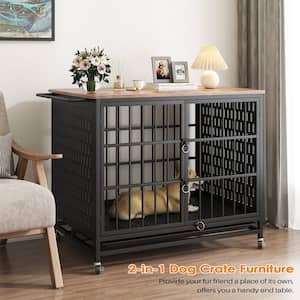 Black 26.8 in. Display Cabinet with Chew Proof Extra Large Dog Crate w/Removable Trays, 2-Doors, Lockable Wheels