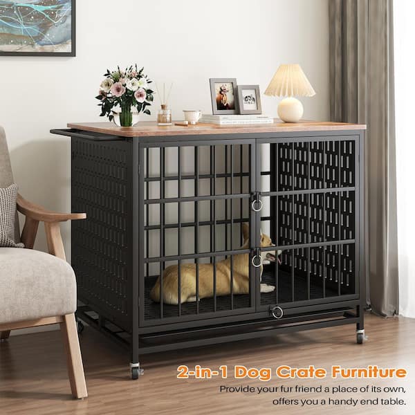 Mydepot Black 26.8 in. Display Cabinet with Chew Proof Extra Large Dog Crate w/Removable Trays, 2-Doors, Lockable Wheels