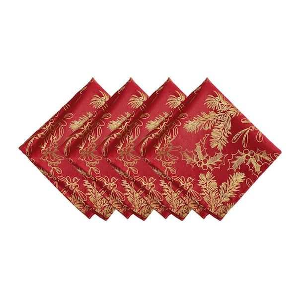 Foil Woodland Holiday Fabric Napkins, Set of 4, Red - 17"W x 17"L