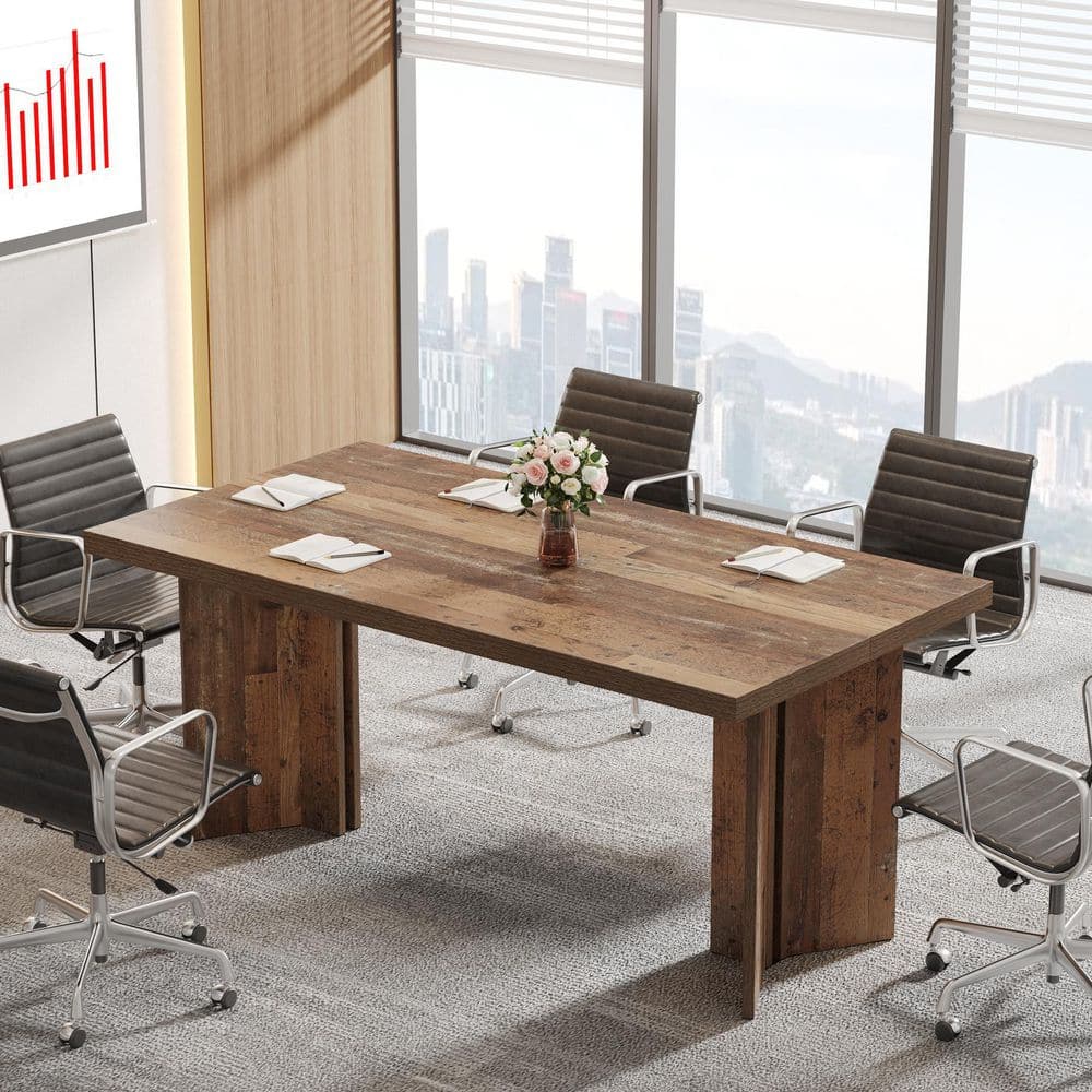 Capen 63 in. Rectangular Distressed Brown Conference Desk Table 5 ft. Large Meeting Seminar Table with Heavy-Duty Base