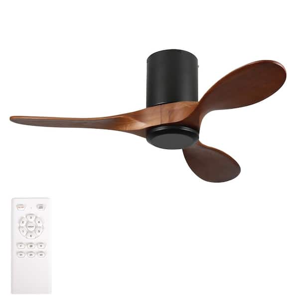 42 in Modern Black Solid Wood Brown Flush Mount Standard Ceiling Fan with Remote