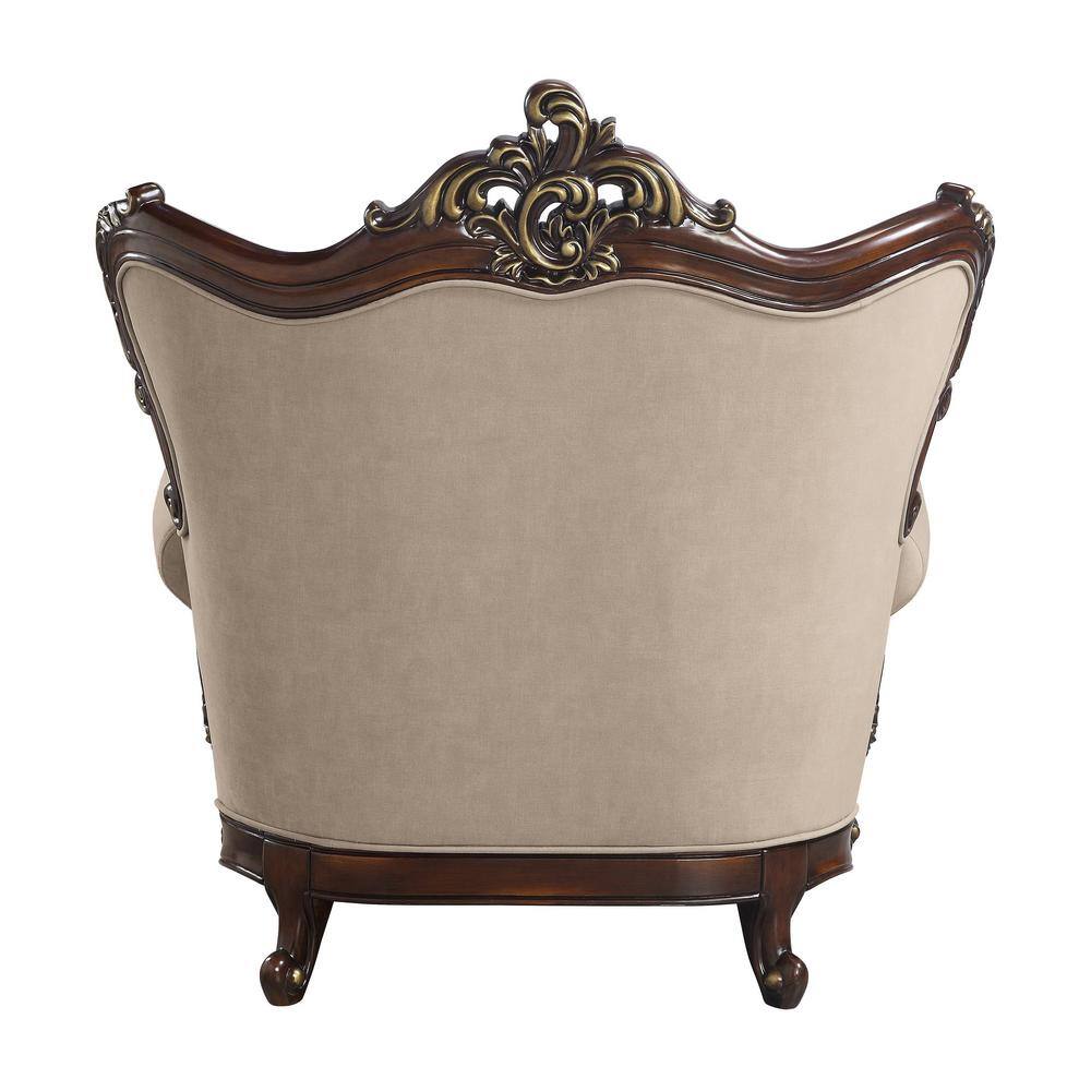 Light Brown Linen and Cherry Wood Floral Accent Chair