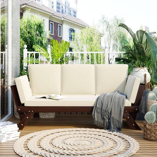 HOTEBIKE Outdoor Brown Adjustable Patio Wooden Daybed Sofa Chaise Lounge with Beige Cushions for Small Places