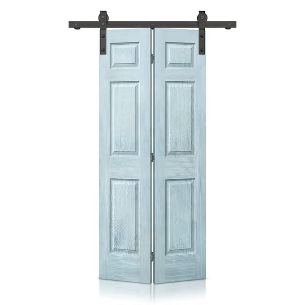 CALHOME 30 in. x 80 in. Vintage Denim Blue Stain 6 Panel MDF Composite Hollow Core Bi-Fold Barn Door with Sliding Hardware Kit