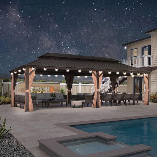 13 ft.x 20 ft.Bronze Patio Outdoor Gazebo for Backyard Hardtop Aluminum Frame with Hooks,Netting,Khaki Curtain,36 Lights