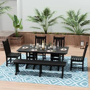 Hayes 6-Piece All Weather HDPE Plastic Rectangle Table Outdoor Patio Dining Set with Bench in Black