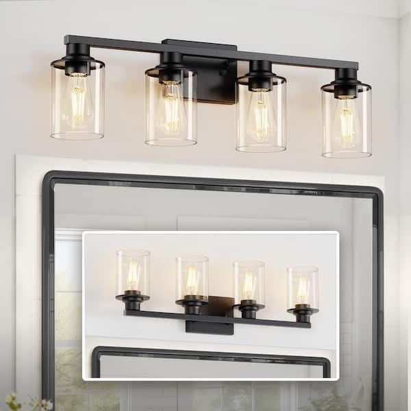 27 in. 4-Light Black Vanity Light, Modern Farmhouse Bathroom Lighting with Clear Glass Shades
