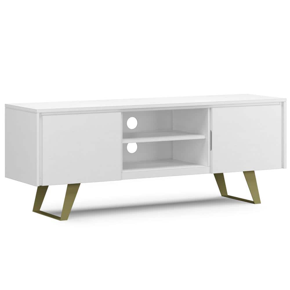 White Acacia Wood Industrial TV Media Stand with Cabinet