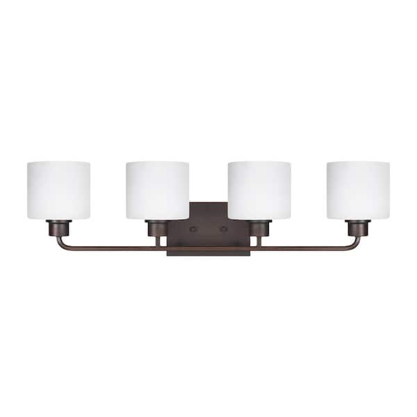 Generation Lighting Canfield 31 in. 4-Light Burnt Sienna Minimalist Modern Wall Bathroom Vanity Light with Etched White Glass Shades