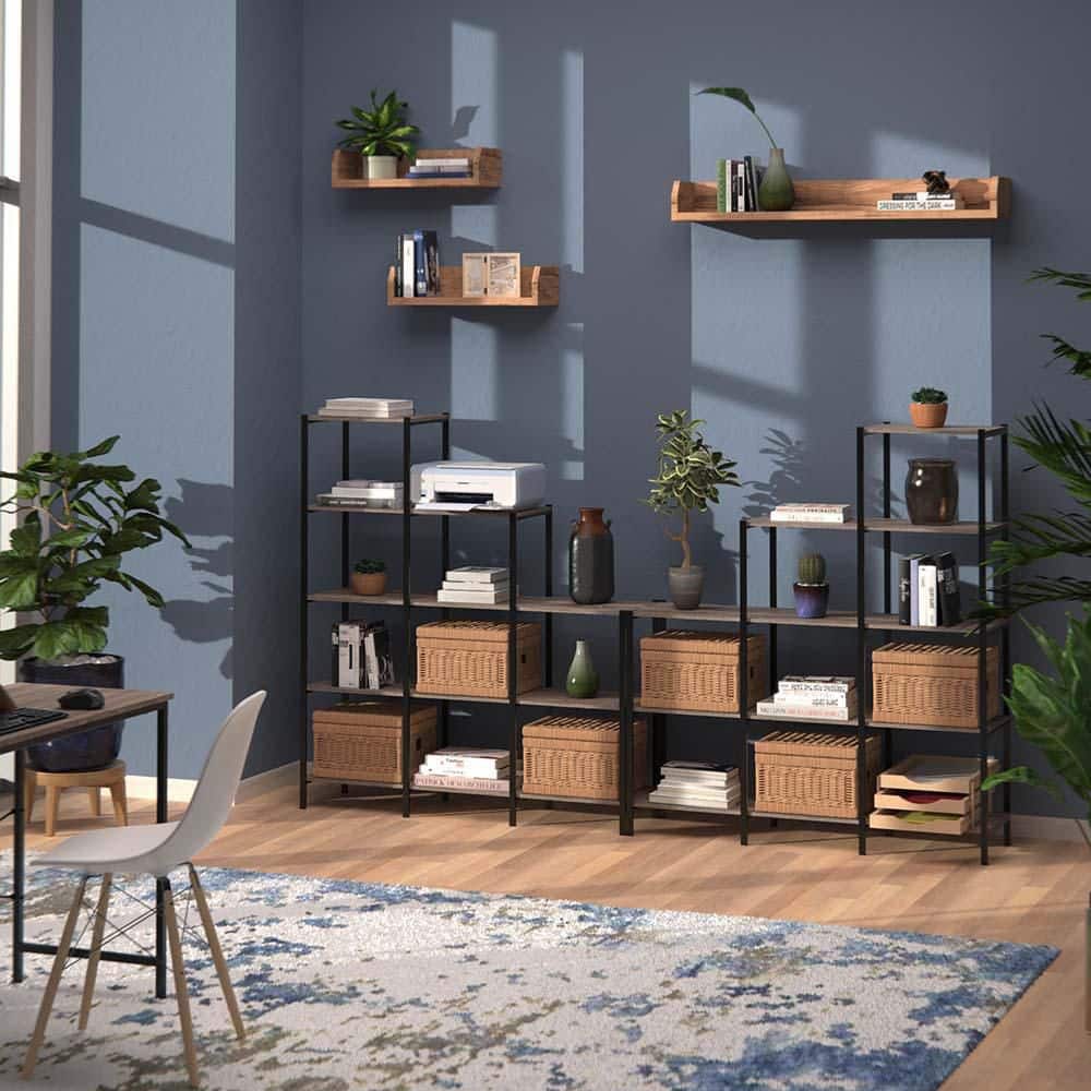 Weathered Gray 5-Tier Ladder Bookcase with Black Metal Frame