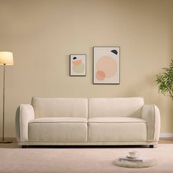 84 in. Round Arm 3-Seater Modern Fabric Upholstered Rectangle Sofa in Beige