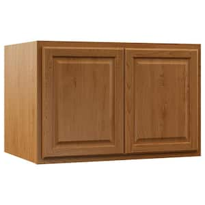 Hampton 36 in. W x 24 in. D x 12 in. H Assembled Deep Wall Bridge Kitchen Cabinet in Medium Oak without Shelf