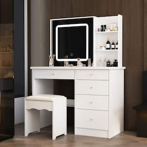 39.4 in. W White LED Dimmable Mirror Dresser Dressing Table with 5-Drawers, Stool and Storage Shelves