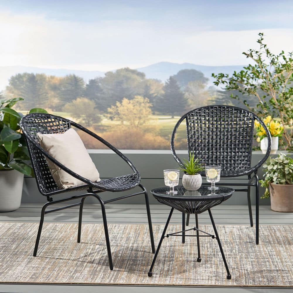 Modern 2-Person Black Iron & Faux Rattan Outdoor Chat Set