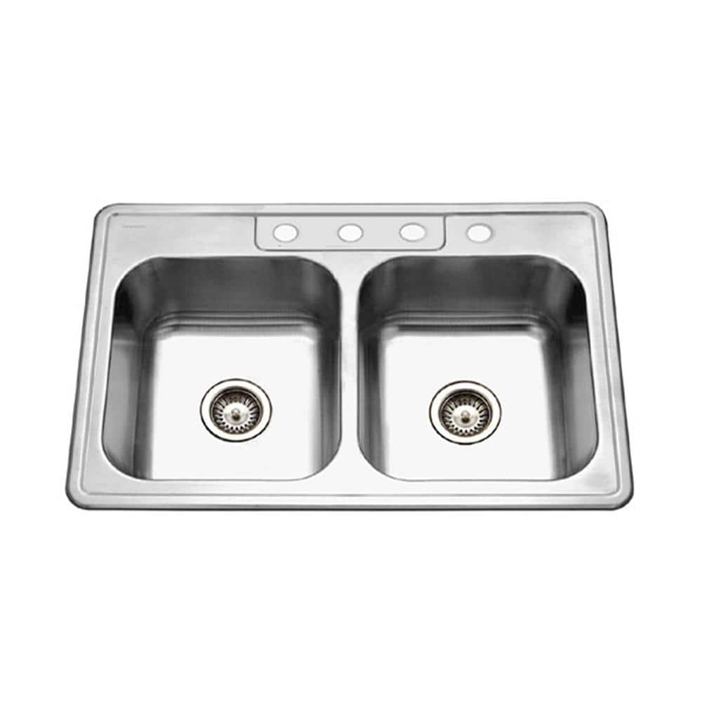 HOUZER Glowtone Series Drop-In Stainless Steel 33 in. 4-Hole Double Bowl Kitchen Sink, Silver -  3322-8BS4-1