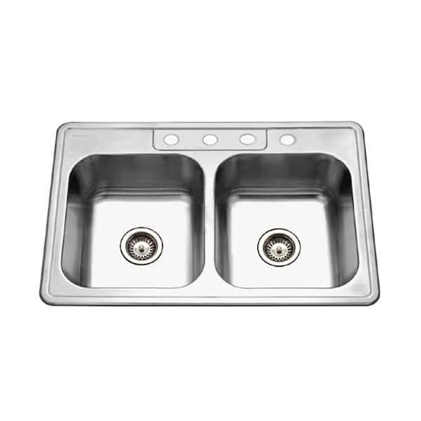 HOUZER Glowtone Series Drop-In Stainless Steel 33 in. 4-Hole Double Bowl Kitchen Sink
