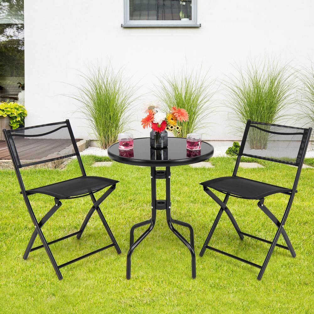 Black Metal Folding Bistro Set with Round Table and Armchairs