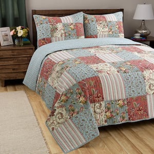 Floral Striped Bird Country Garden 3-Piece Patchwork Coral Blue Teal Khaki Cotton King Quilt Bedding Set