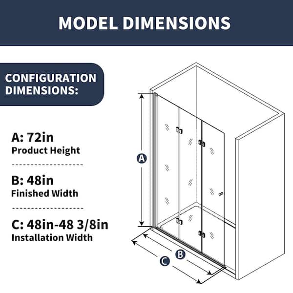 48 in. W x 72 in. H Bifold Hinge Frameless 3-Panel Folding Shower Door in Chrome with 1/4 in. Tempered Clear Glass(6 mm)