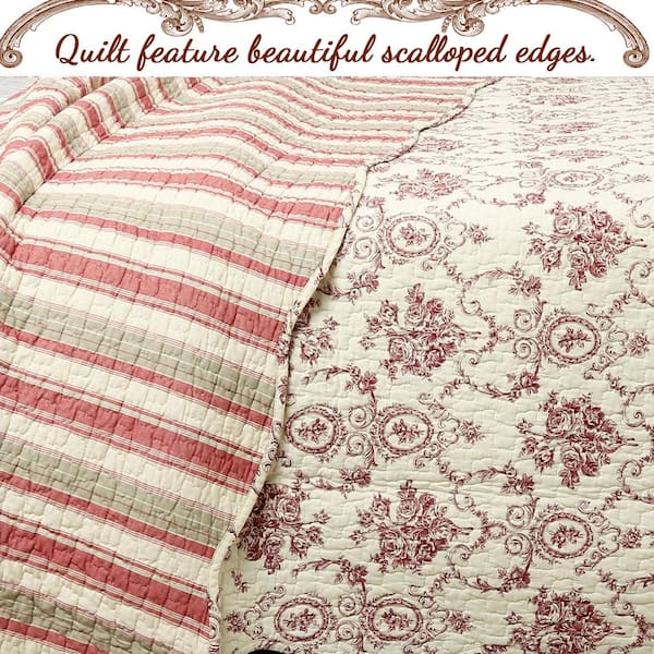 Cozy Line Home Fashions Country Vintage Floral Rose Medallion Toile Stripe  3-Piece Cream Burgundy Red Tan Cotton King Quilt Bedding Set BB01005065RK  The Home Depot