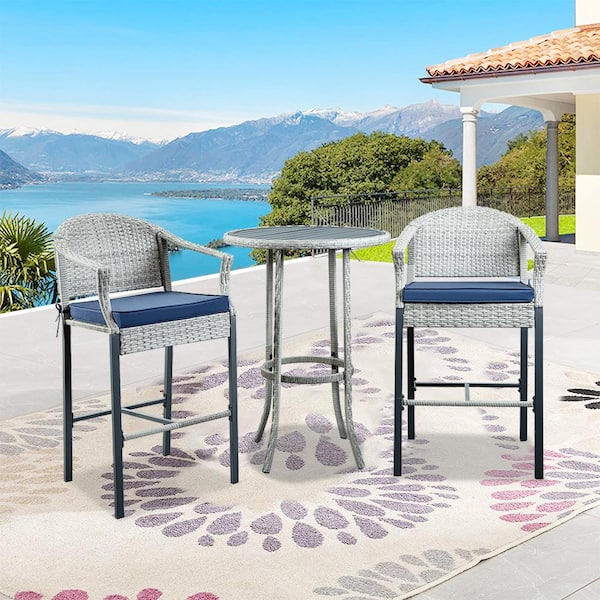Cesicia 3-Piece PE Wicker Outdoor Serving Bar Set Patio Conversation Set with Blue Cushions