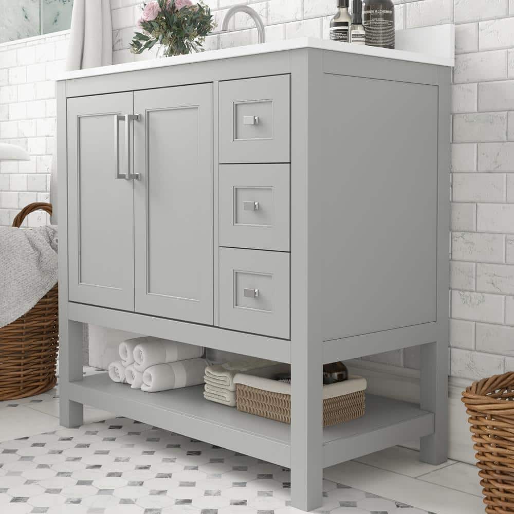 Gray Composite Freestanding Bathroom Vanity with White Stone Top