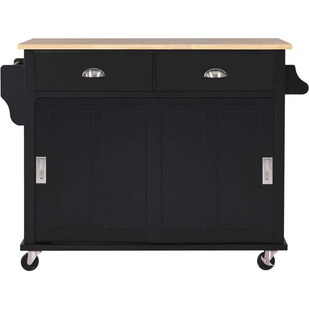 Black Wood 43.5 in. Kitchen Island with Storage Cabinet and 2 Drawers ...