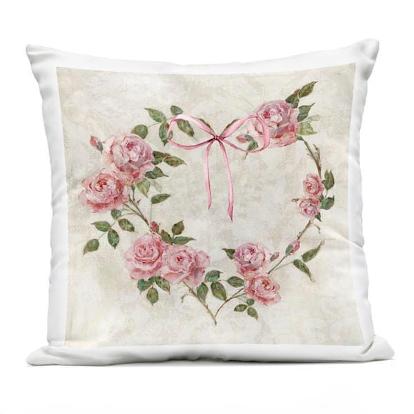 Rose Heart Wreath Green Square Outdoor Throw Pillow