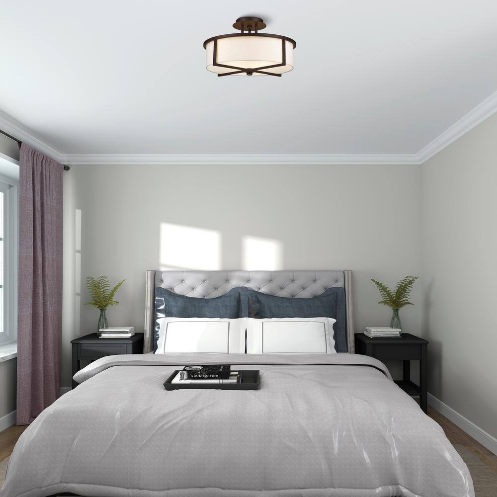 Wesley Modern Bronze Semi-Flush Mount with Off-White Drum Shade
