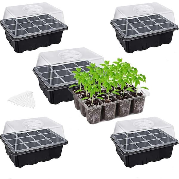 Seed Starter Tray Kit with Adjustable Humidity Dome Indoor Greenhouse for Large Seeds 5-Pack Black