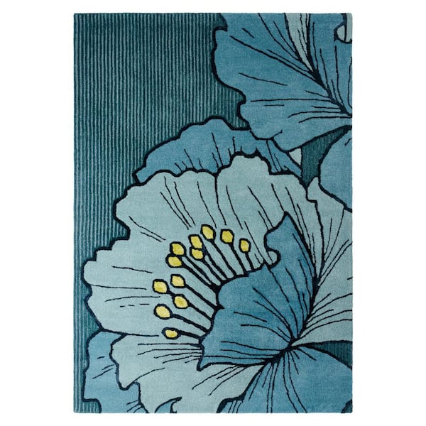 Flora Grandeur Bloom Handcrafted Wool Area Rug Blue 5 ft. x 7 ft.